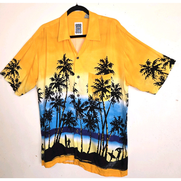 Ocean Current Vintage Mens Shirt Sz L Tropical Surfers Palm Trees Surfing Hawaii - Picture 1 of 16